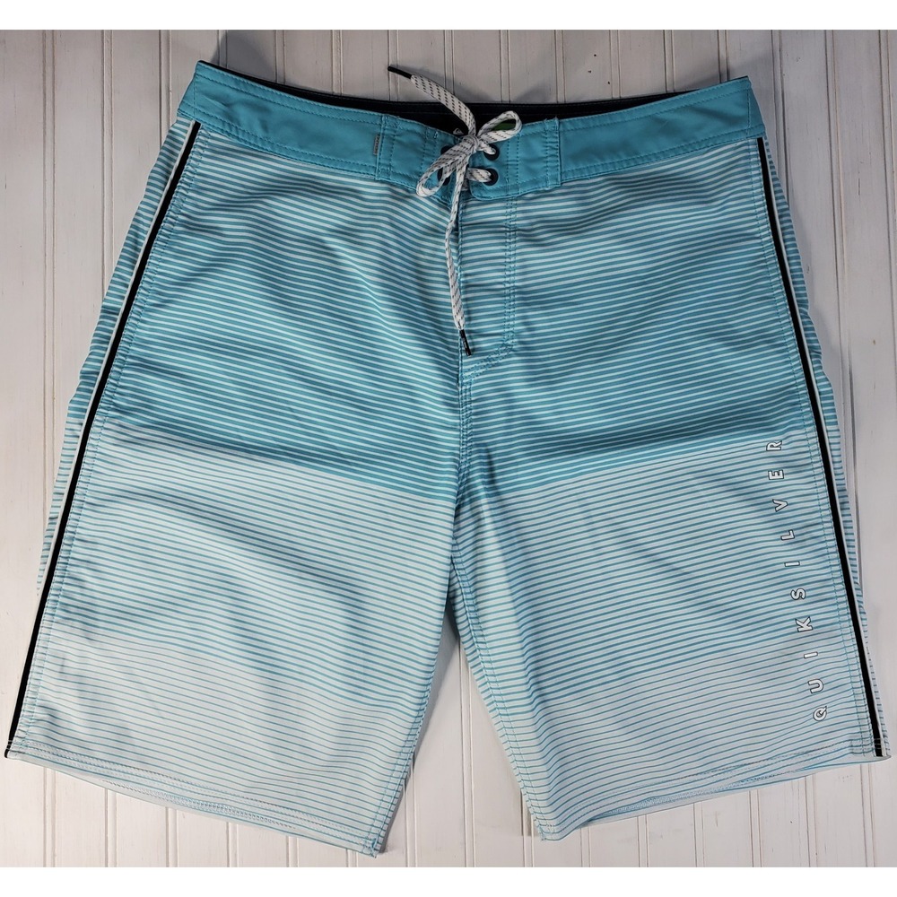 Quicksilver Striped Blue Board Shorts Surf Mens 31, 9" Inseam Logo Soft Surfer